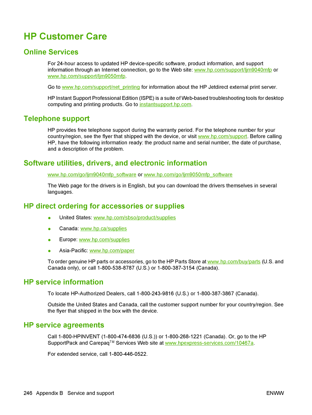 HP M9050 MFP manual HP Customer Care, Online Services, HP service agreements 