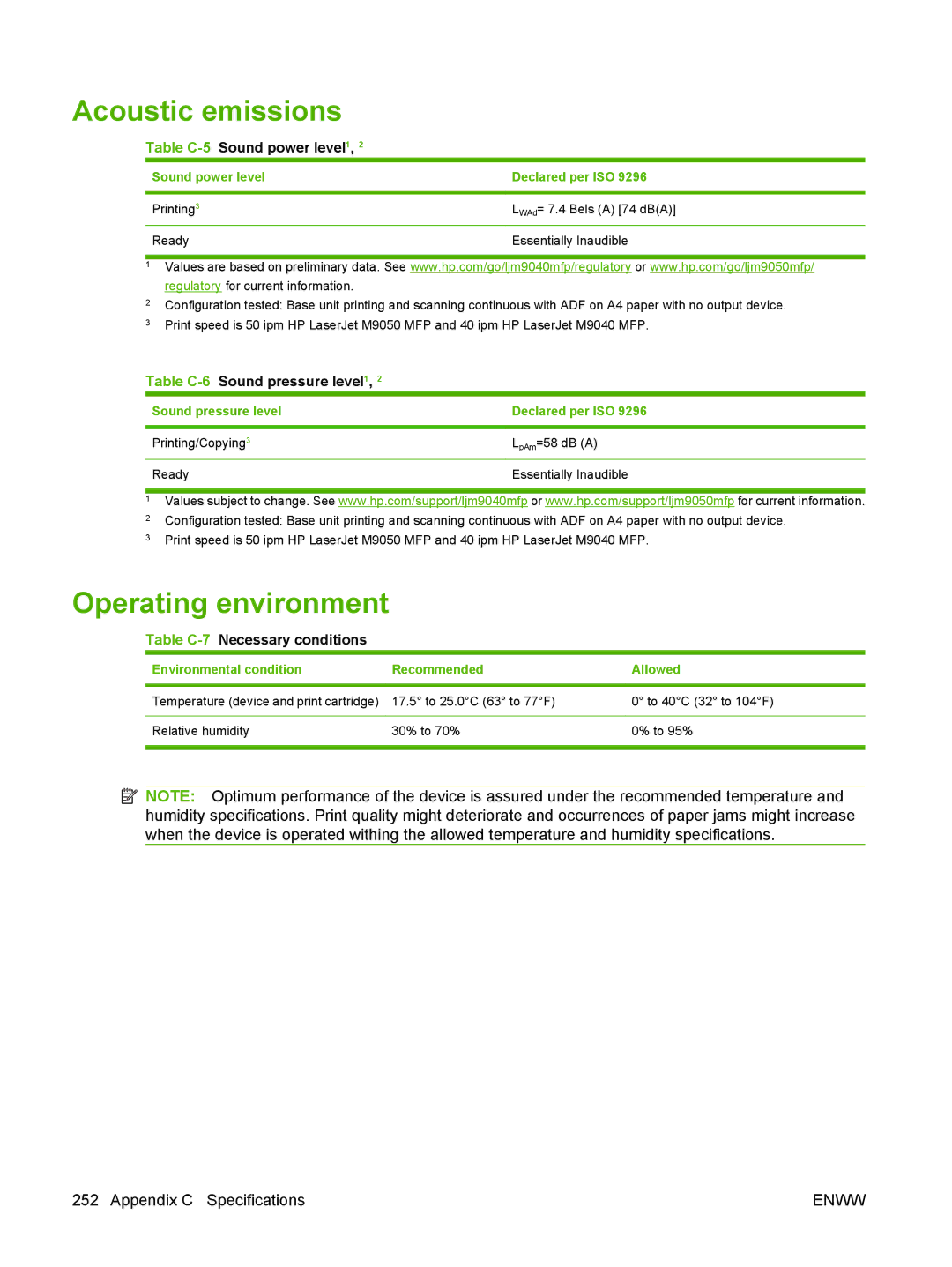 HP M9050 MFP manual Acoustic emissions, Operating environment, Table C-5Sound power level1, Table C-6Sound pressure level1 