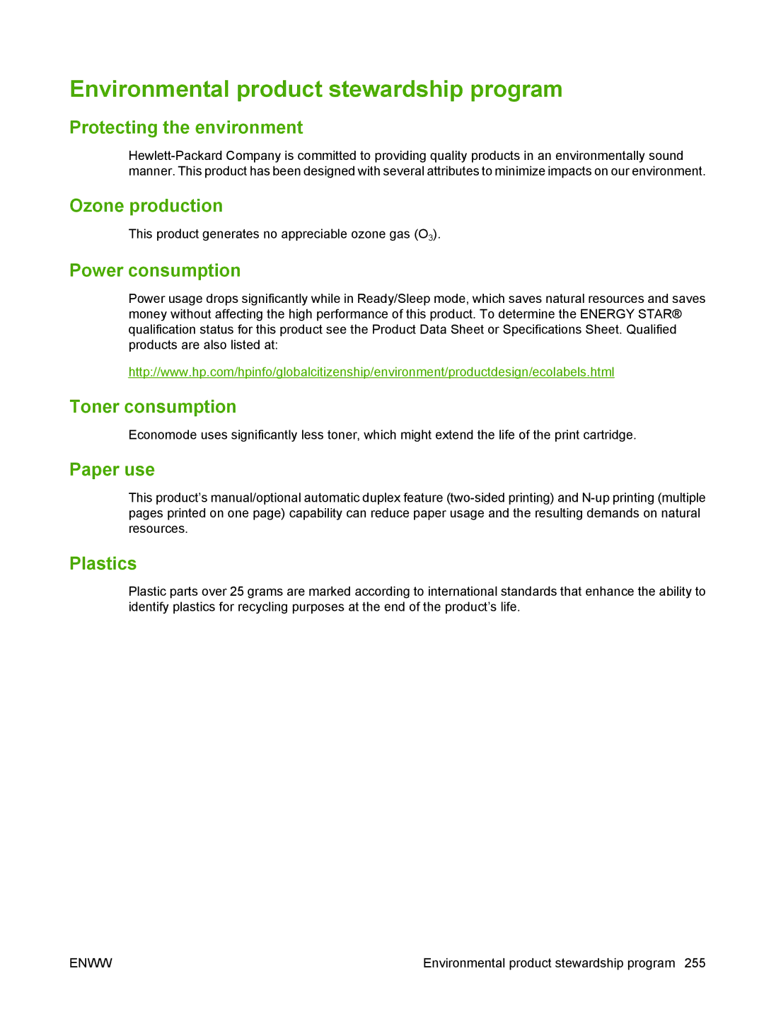 HP M9050 MFP manual Environmental product stewardship program 