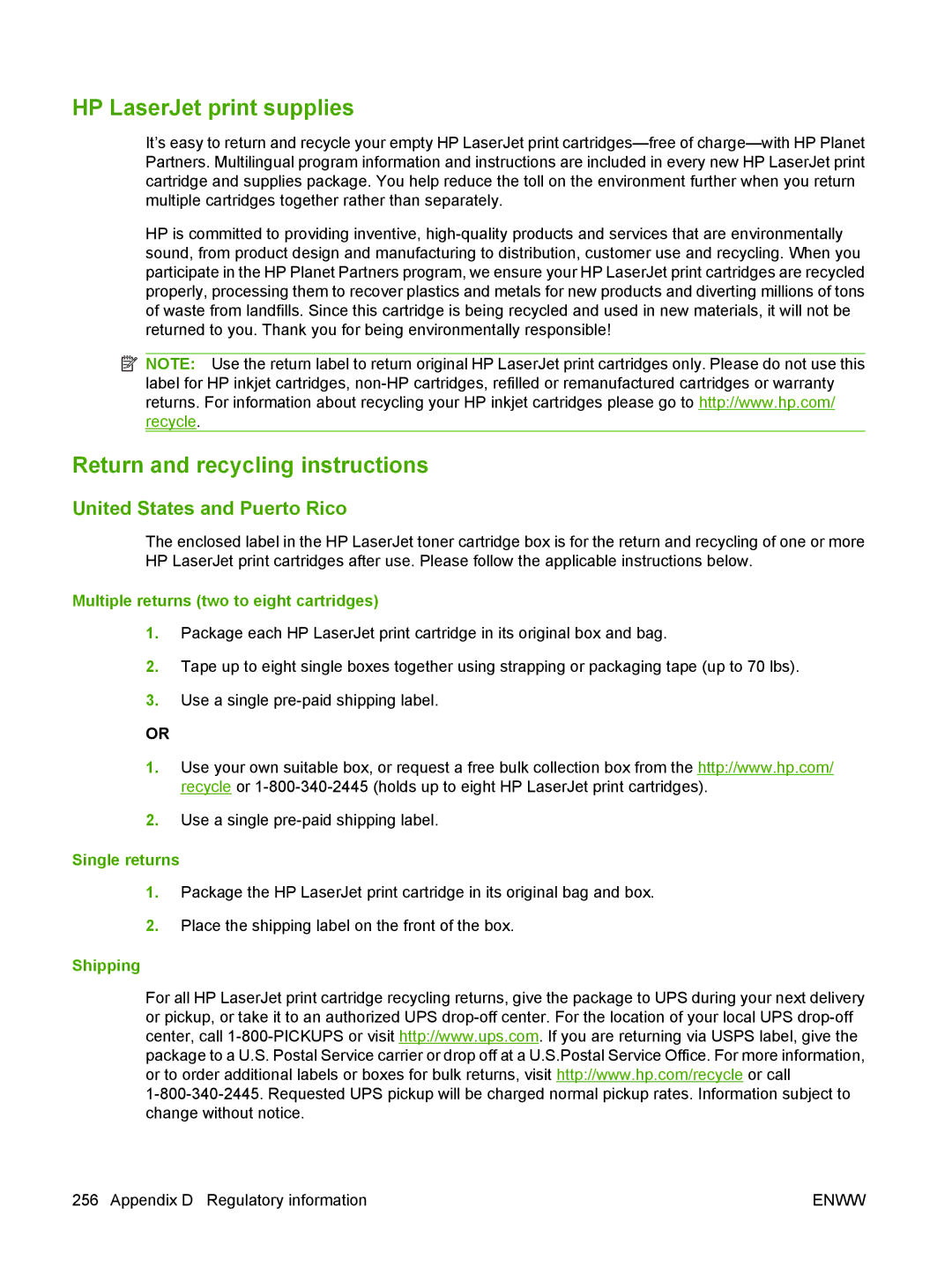 HP M9050 MFP manual HP LaserJet print supplies, Return and recycling instructions, United States and Puerto Rico 