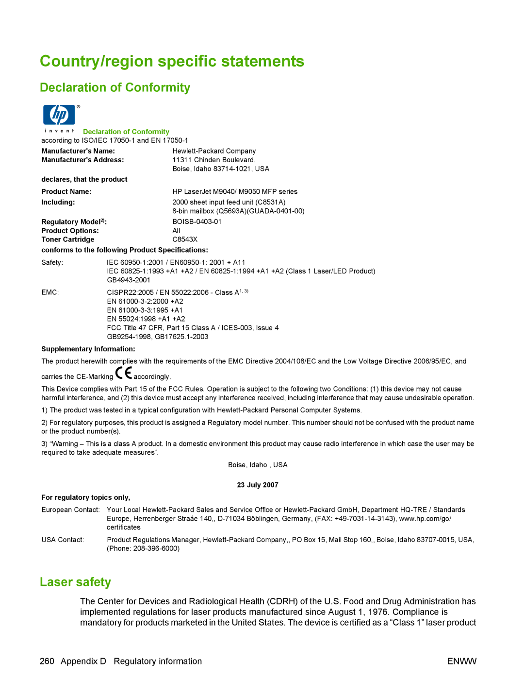 HP M9050 MFP manual Country/region specific statements, Declaration of Conformity, Laser safety 