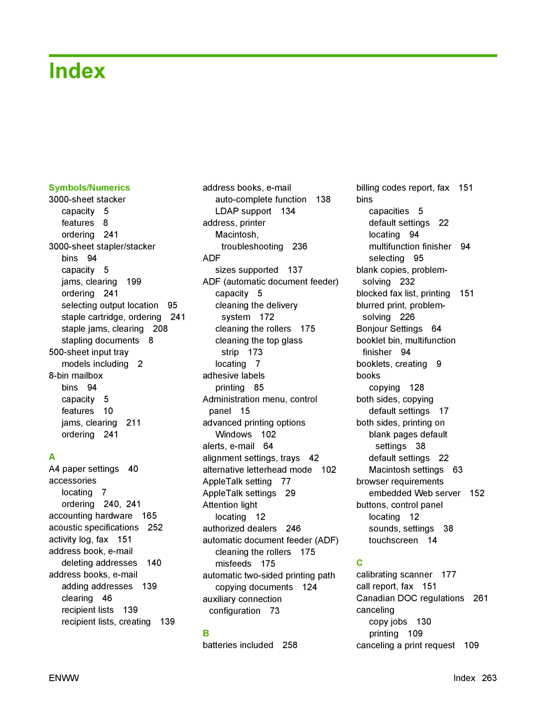 HP M9050 MFP manual Index, Symbols/Numerics 