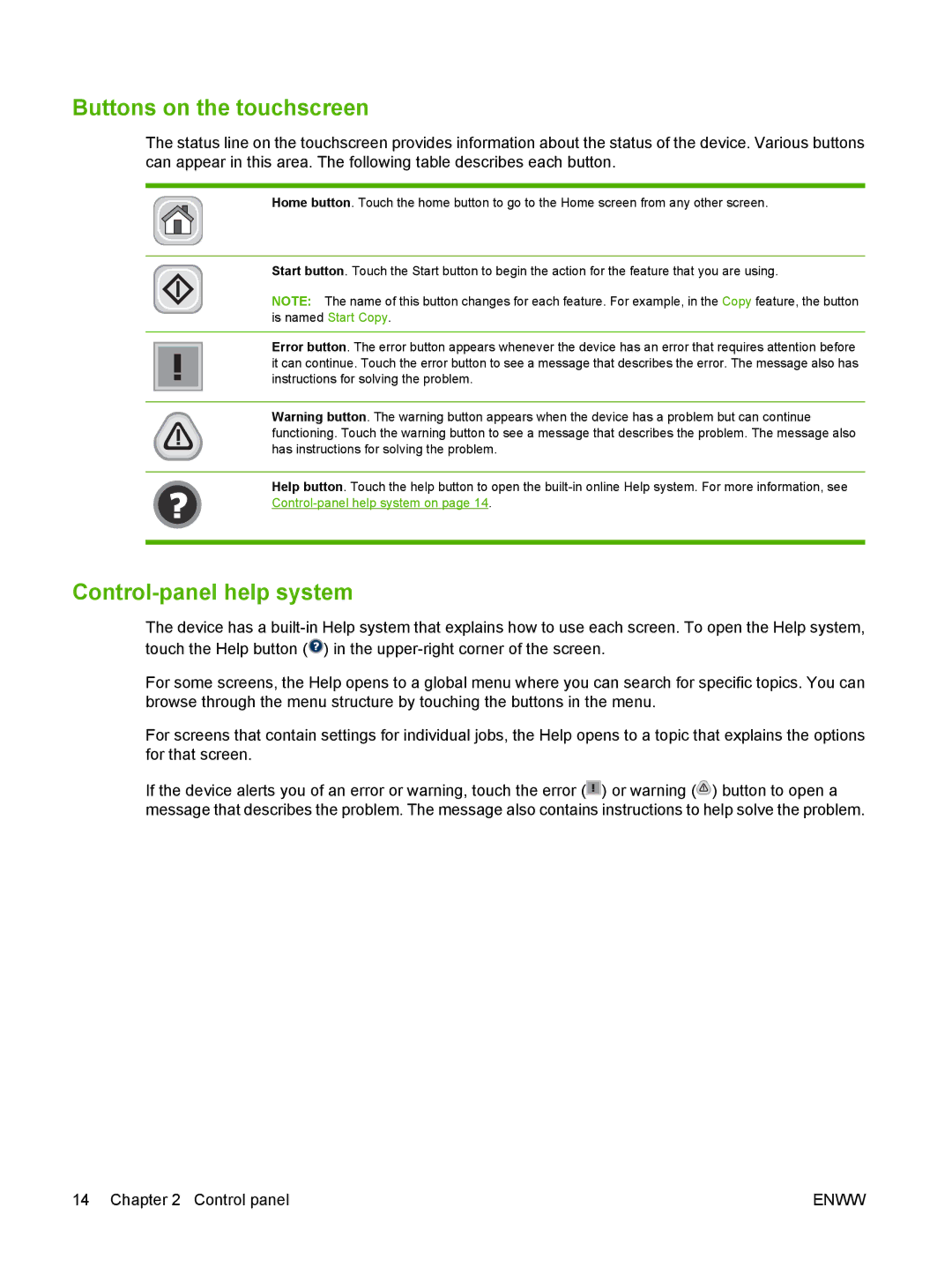 HP M9050 MFP manual Buttons on the touchscreen, Control-panel help system on 