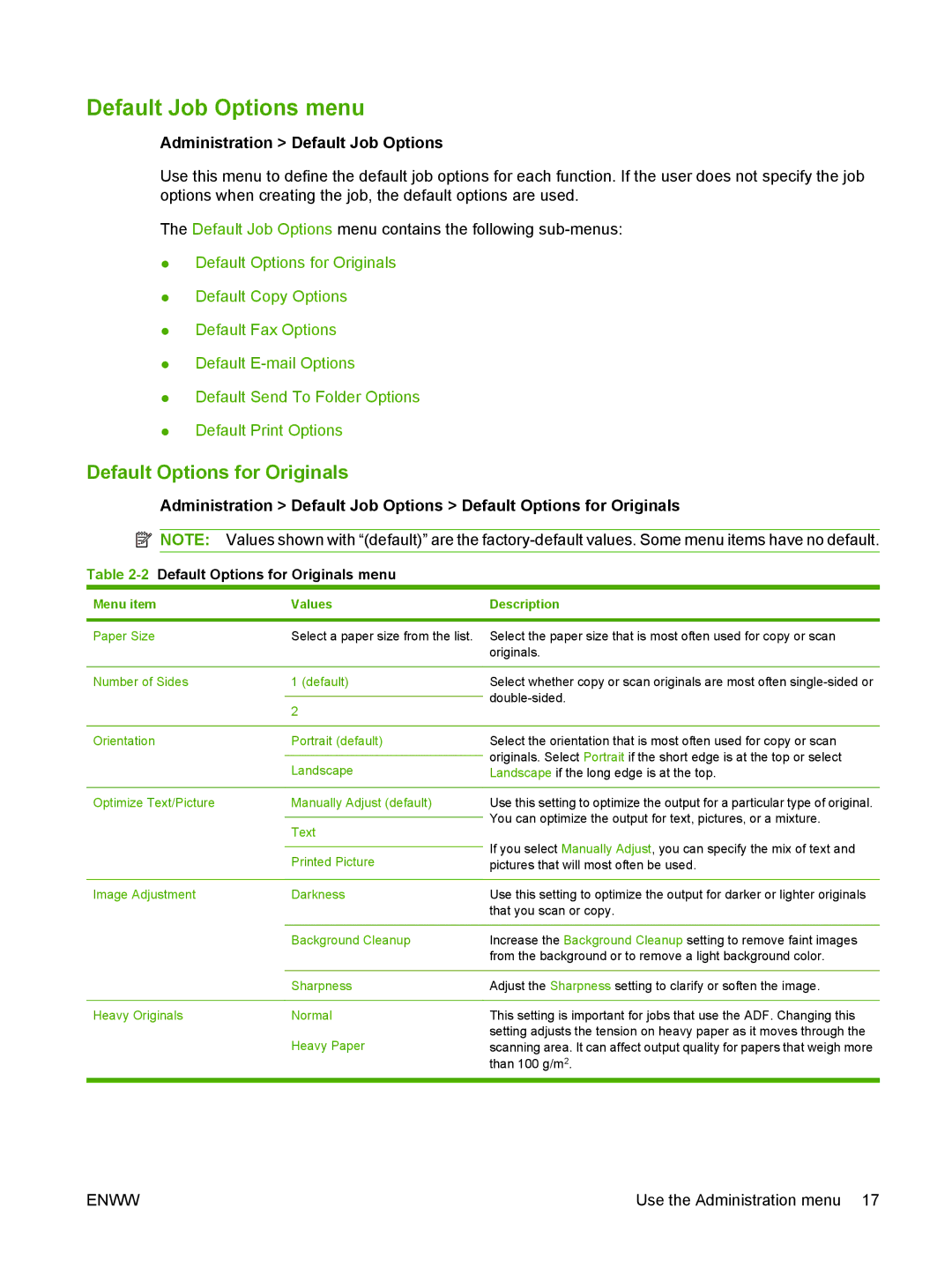 HP M9050 MFP manual Default Job Options menu, Default Options for Originals, Administration Default Job Options 