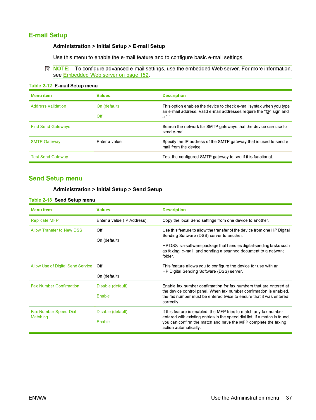 HP M9050 MFP manual Mail Setup, Send Setup menu, Administration Initial Setup E-mail Setup 