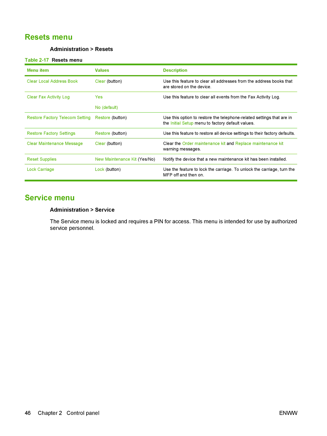 HP M9050 MFP manual Resets menu, Service menu, Administration Resets, Administration Service 