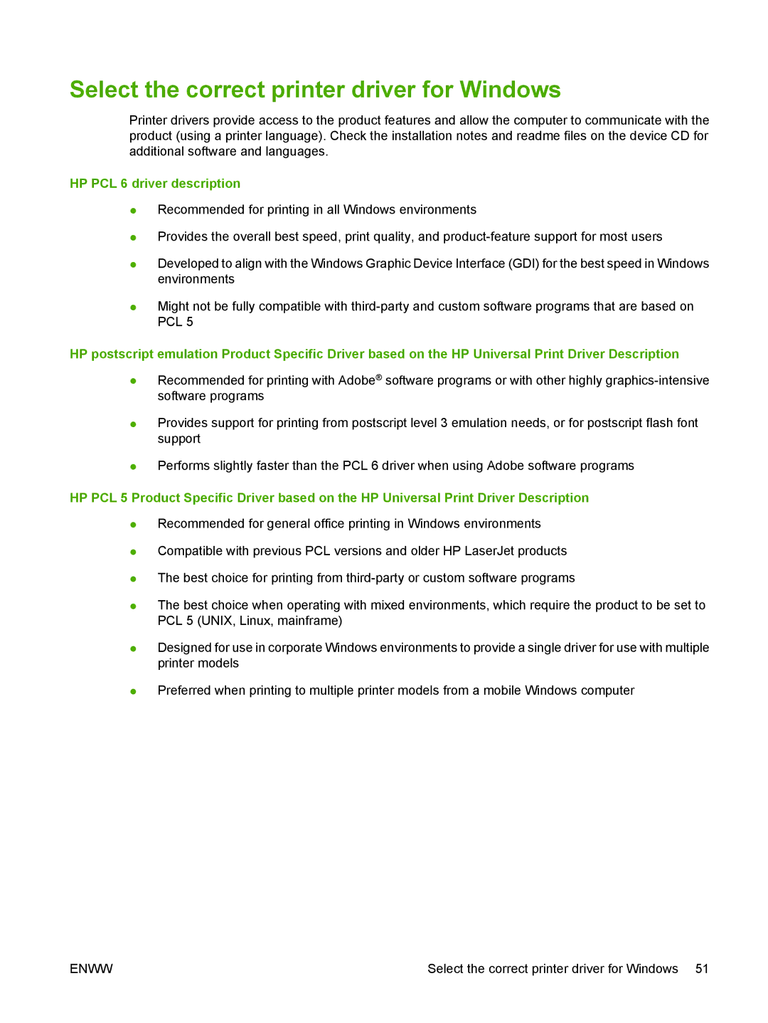 HP M9050 MFP manual Select the correct printer driver for Windows, HP PCL 6 driver description 