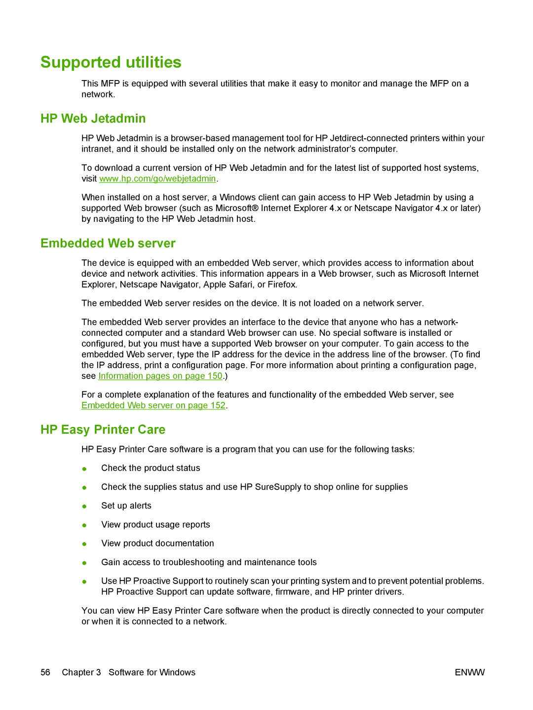 HP M9050 MFP manual Supported utilities, HP Web Jetadmin, Embedded Web server, HP Easy Printer Care 