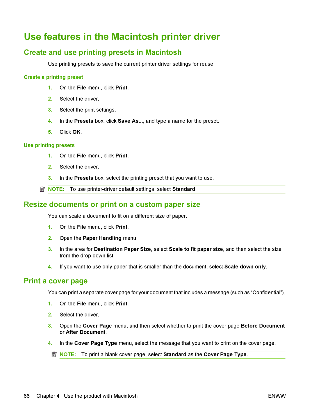 HP M9050 MFP Use features in the Macintosh printer driver, Create and use printing presets in Macintosh, Print a cover 