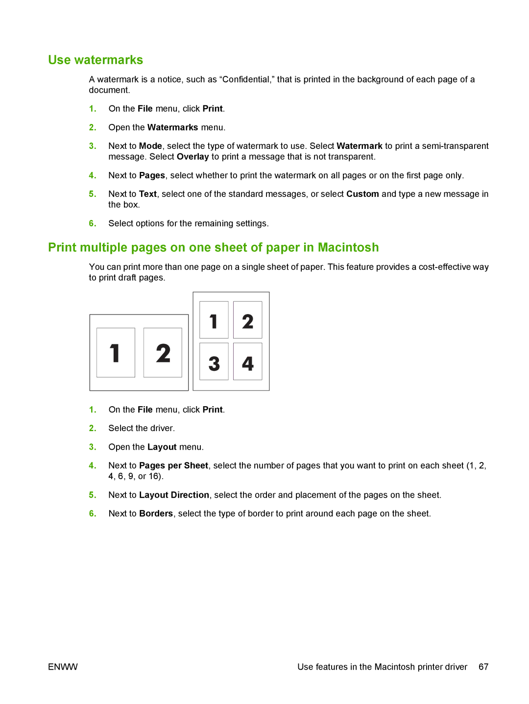 HP M9050 MFP manual Use watermarks, Print multiple pages on one sheet of paper in Macintosh 