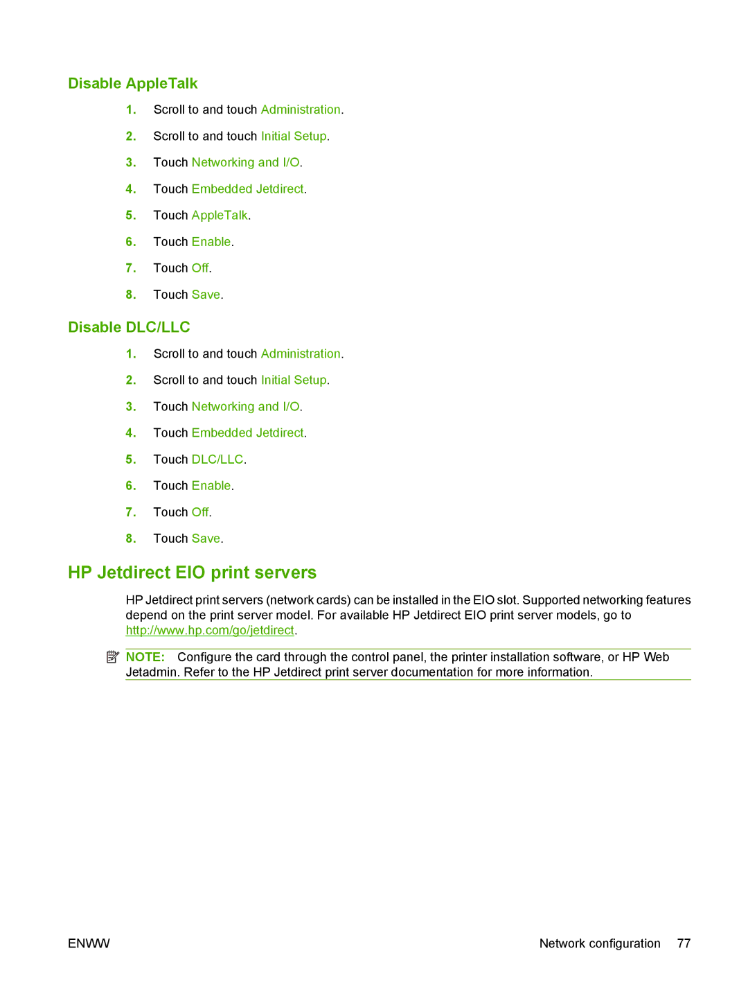 HP M9050 MFP manual HP Jetdirect EIO print servers, Disable AppleTalk, Disable DLC/LLC 