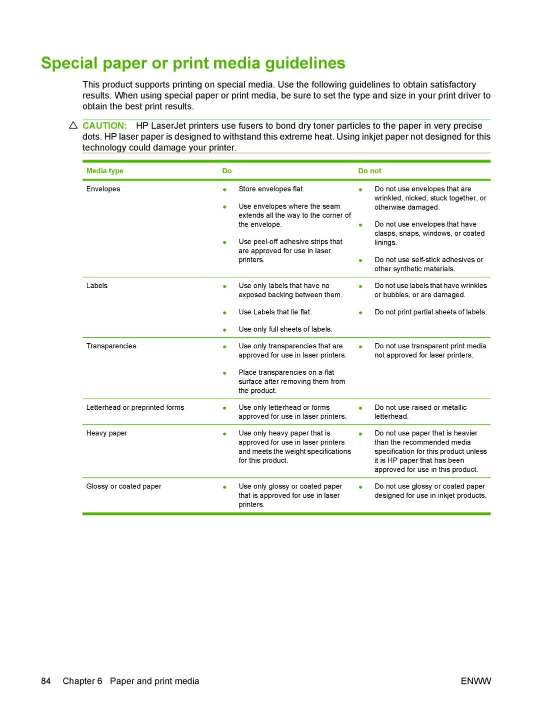 HP M9050 MFP manual Special paper or print media guidelines, Media type 