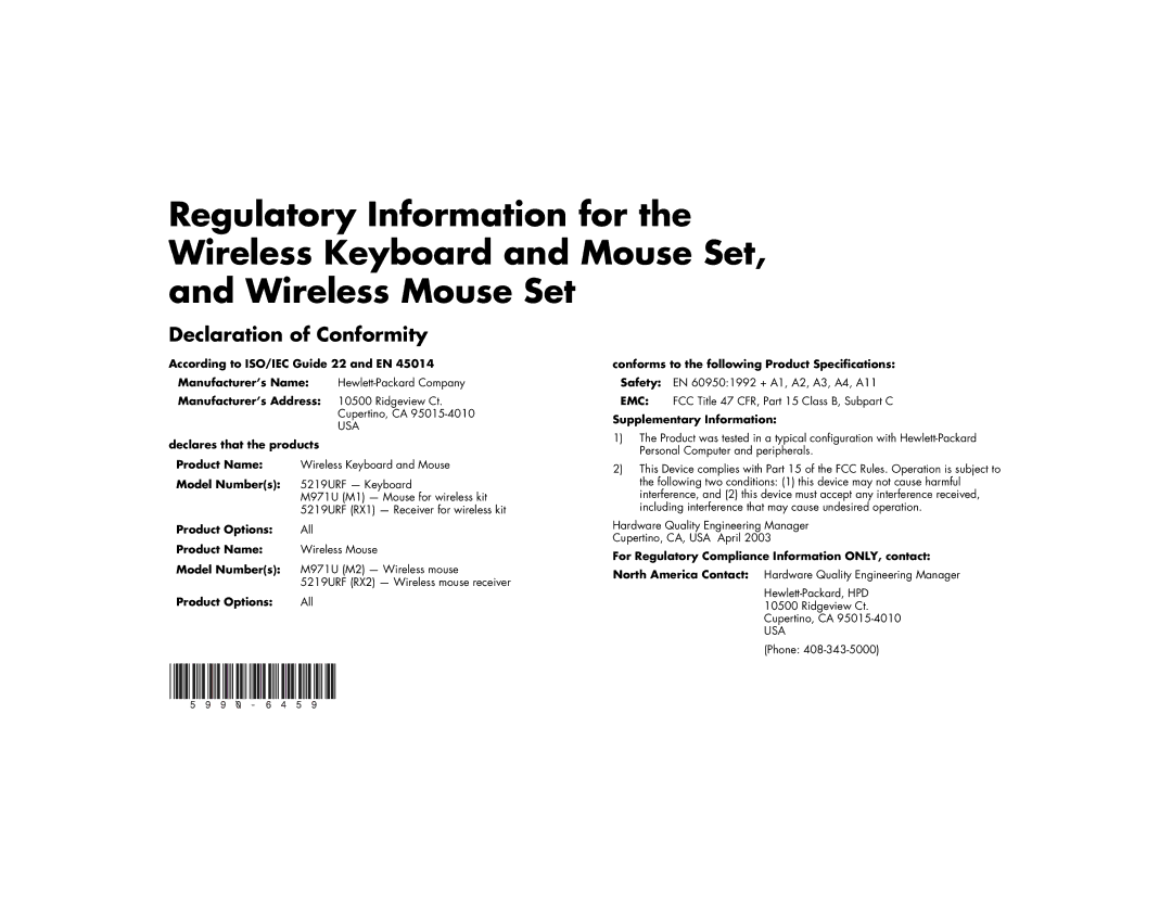 HP 5219URF, M971U manual Declaration of Conformity 