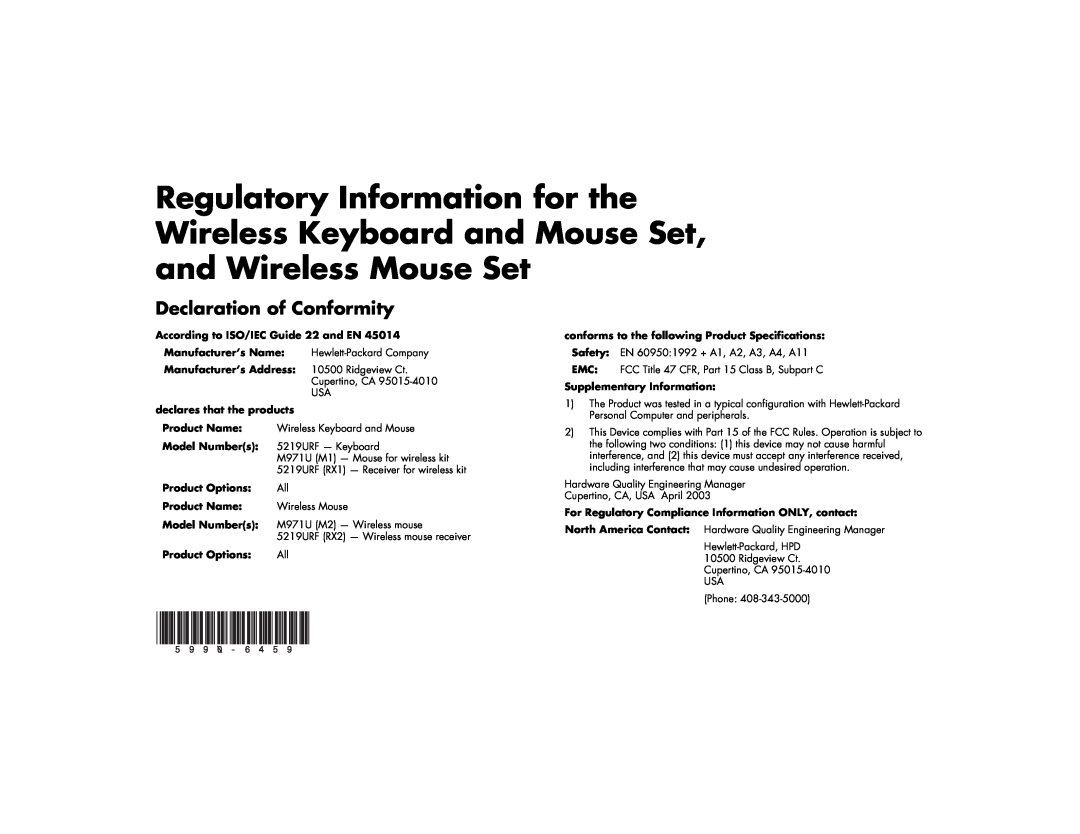 HP 5219URF, M971U manual Declaration of Conformity 