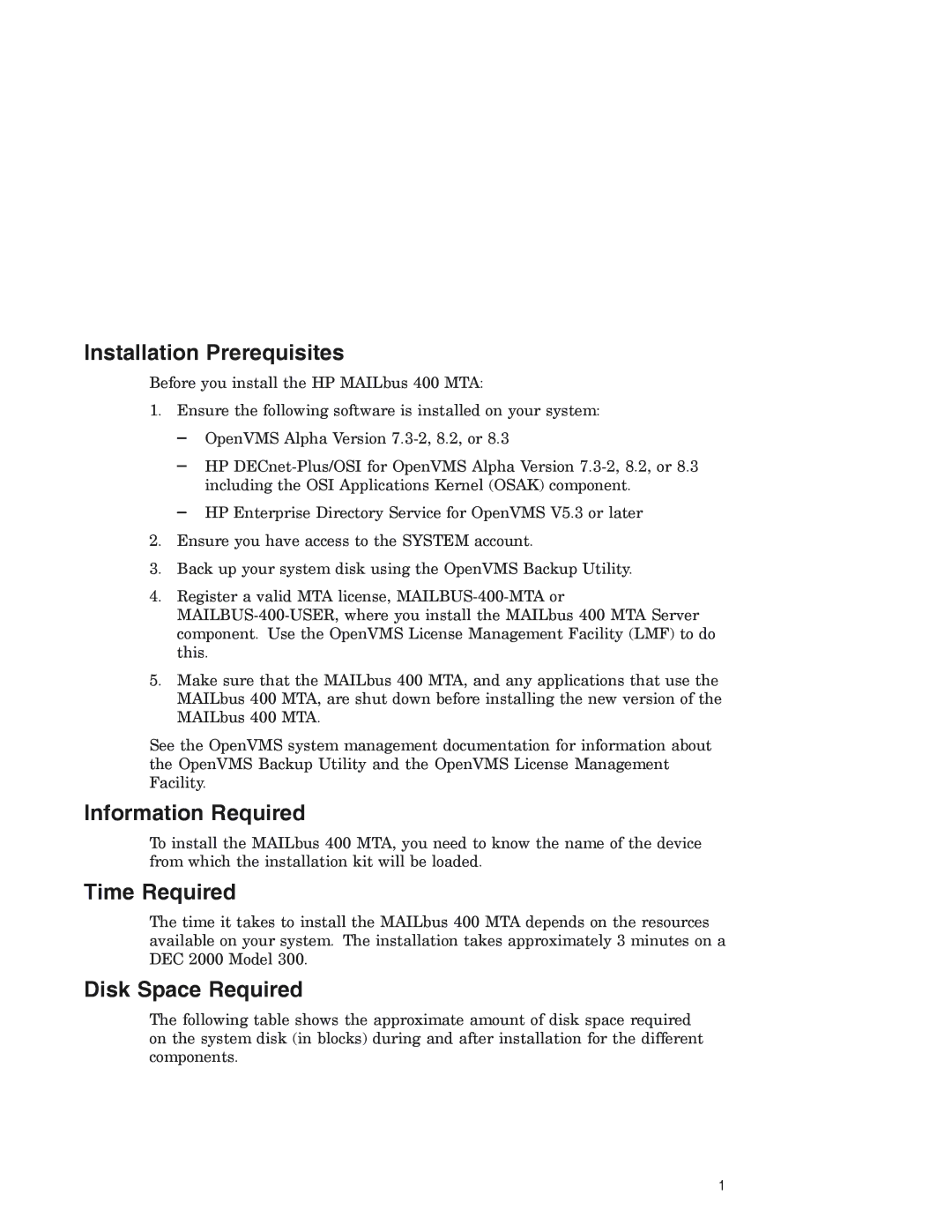 HP MAILBUS 400 manual Installation Prerequisites, Information Required, Time Required, Disk Space Required 