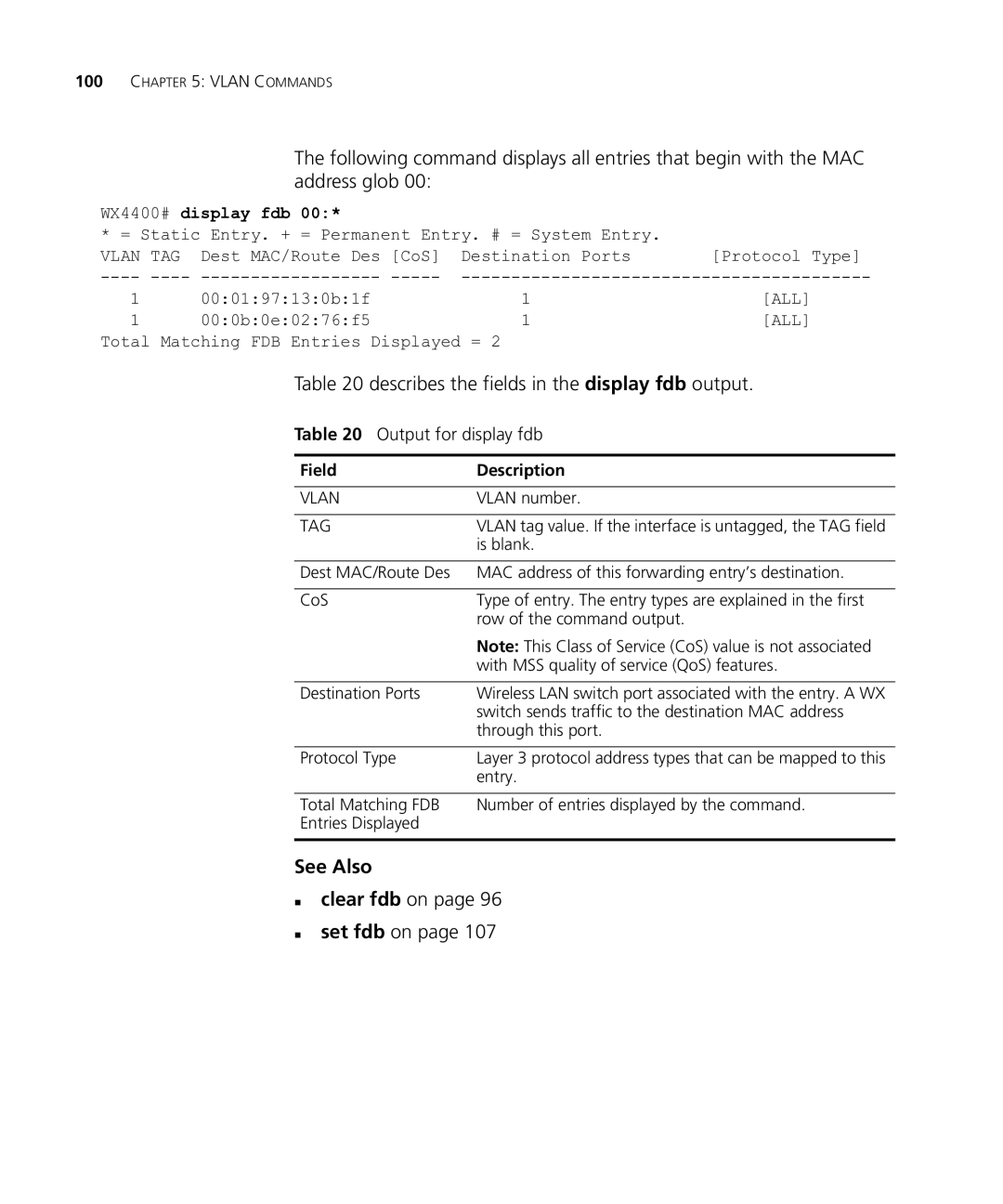 HP Manager Software manual Describes the fields in the display fdb output, See Also „ clear fdb on, Output for display fdb 