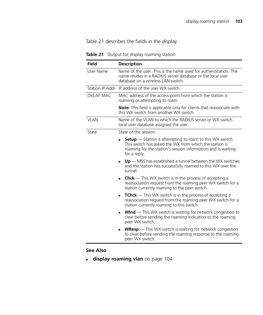 HP Manager Software manual Describes the fields in the display, See Also „ display roaming vlan on 