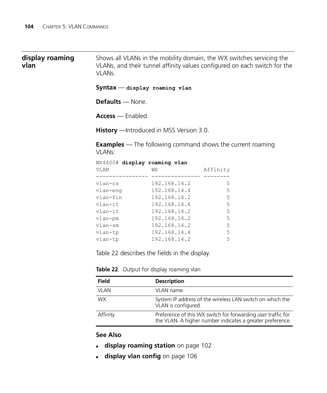 HP Manager Software manual Output for display roaming vlan, Syntax display roaming vlan, WX4400# display roaming vlan 