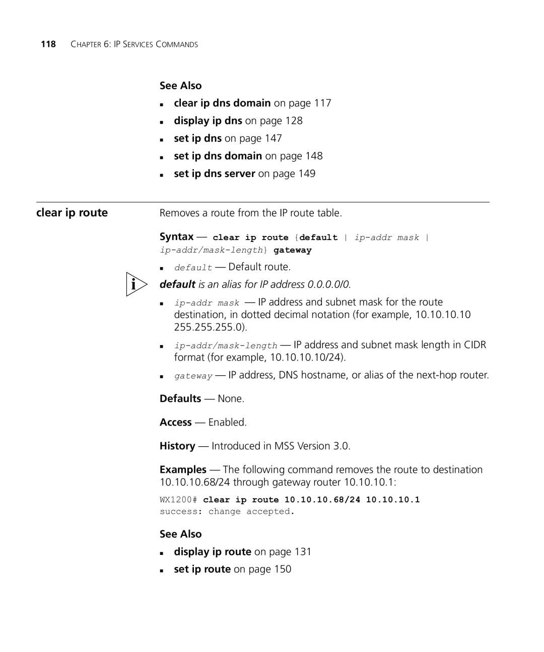 HP Manager Software manual Clear ip route, „ clear ip dns domain on, Default is an alias for IP address 0.0.0.0/0 