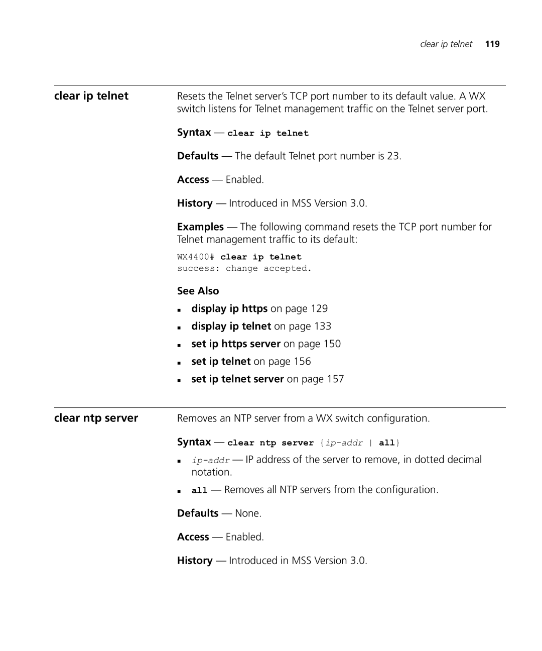 HP Manager Software manual Clear ip telnet, Clear ntp server, Defaults The default Telnet port number is 