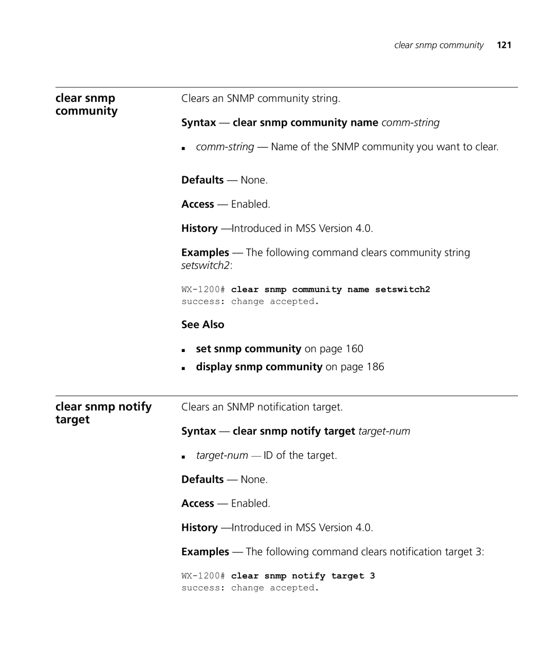 HP Manager Software manual Clear snmp, Community, Syntax clear snmp community name comm-string, „ display snmp community on 