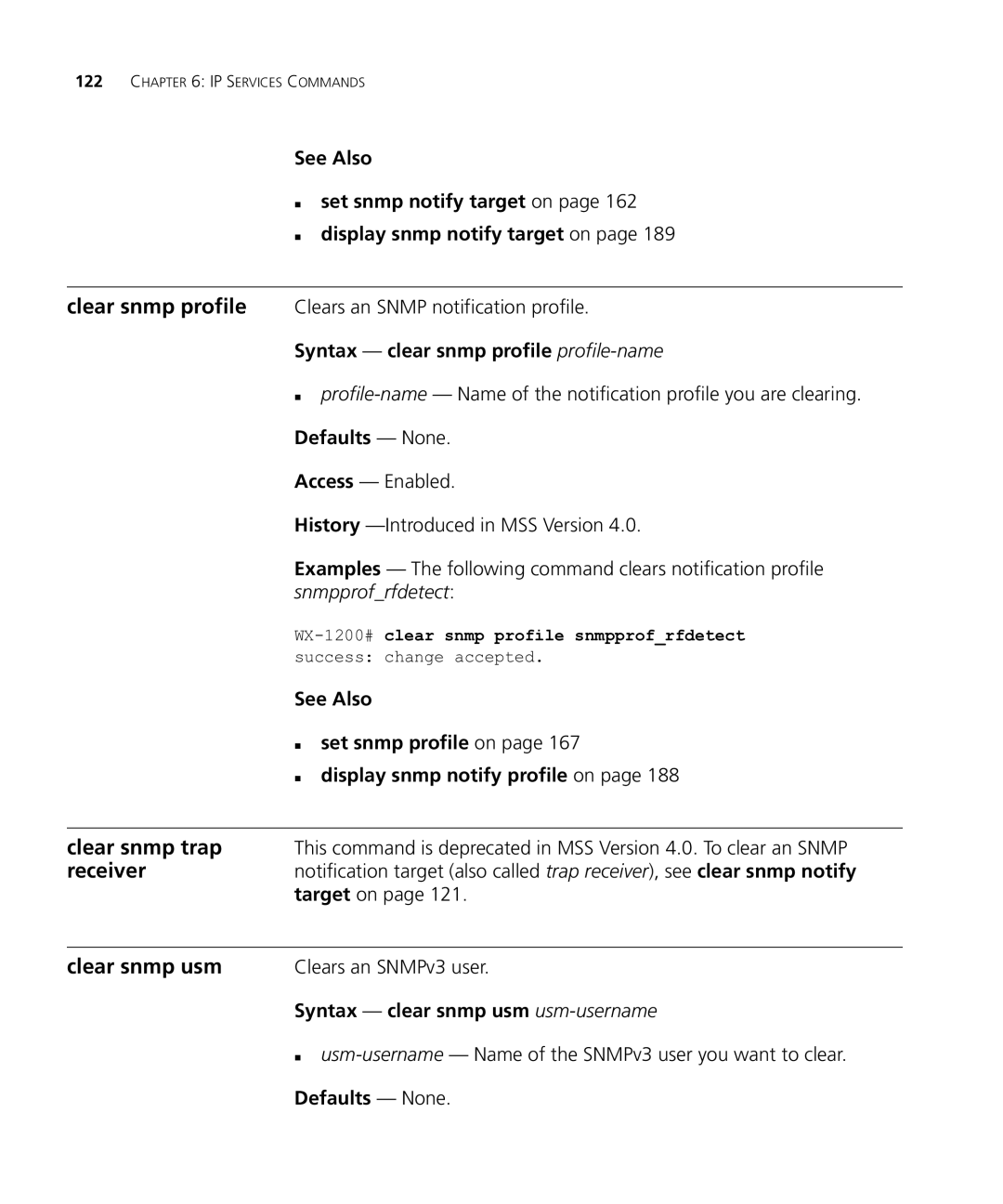 HP Manager Software manual Clear snmp profile, Clear snmp trap, Receiver, Clear snmp usm 