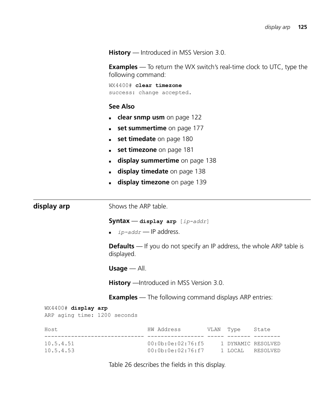 HP Manager Software manual Display arp, Usage All, Shows the ARP table, Syntax display arp ip-addr, WX4400# display arp 