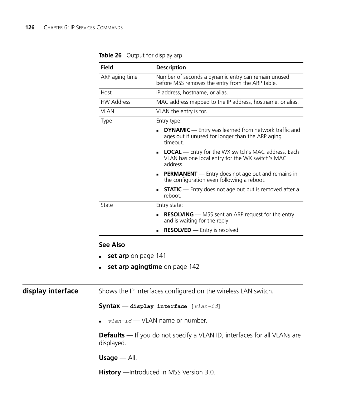 HP Manager Software manual „ set arp on, „ set arp agingtime on, Output for display arp 