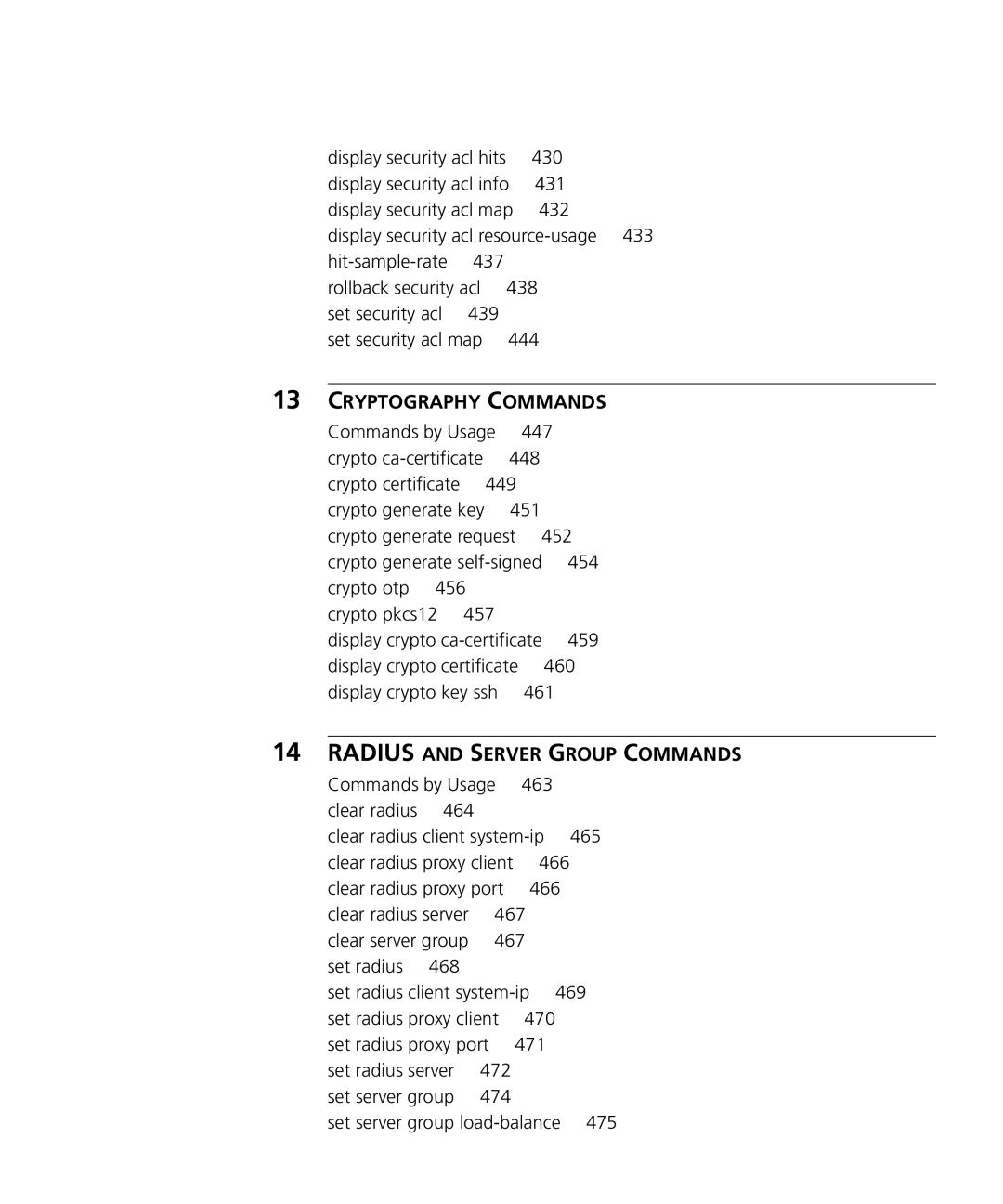 HP Manager Software manual Display security acl hits 430 Display security acl info 431, 432, Commands by Usage 447, 460 