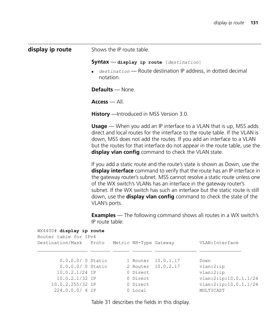 HP Manager Software manual Display ip route, Shows the IP route table, Syntax display ip route destination 