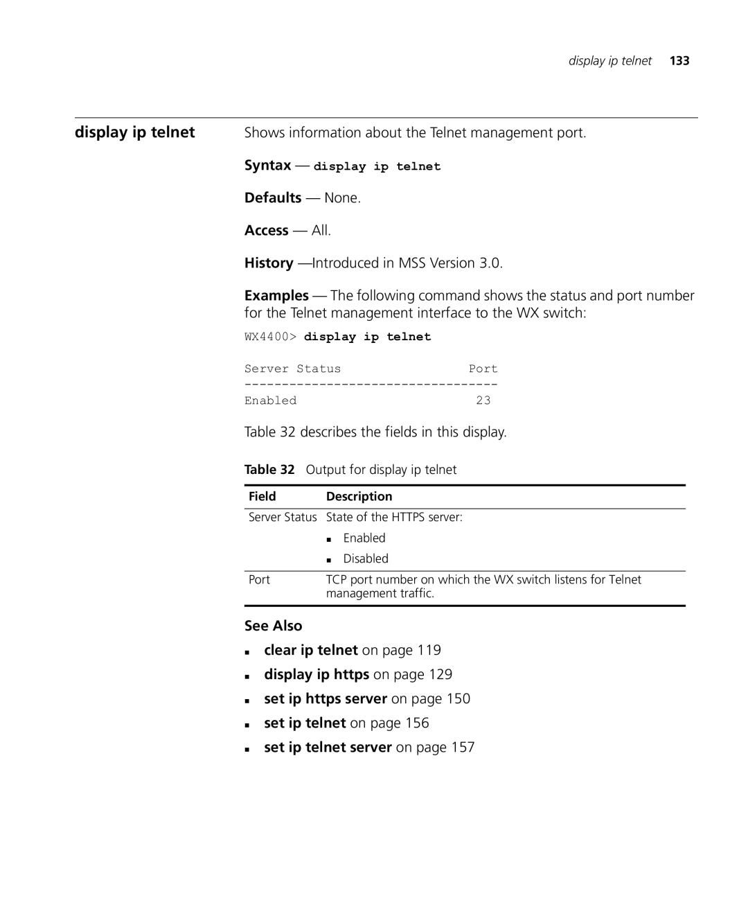 HP Manager Software manual Output for display ip telnet, Syntax display ip telnet, WX4400 display ip telnet 