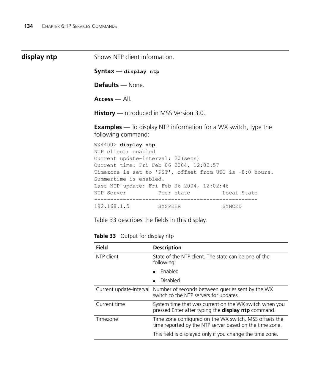 HP Manager Software Display ntp, Shows NTP client information, Examples To display NTP information for a WX switch, type 