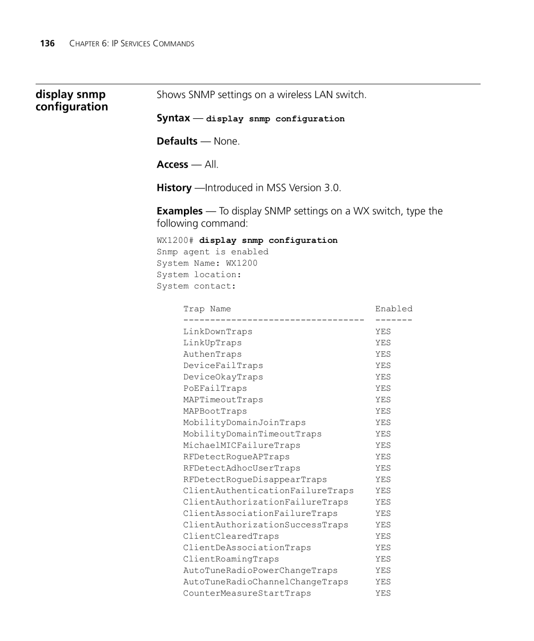 HP Manager Software manual Display snmp, Configuration, Shows Snmp settings on a wireless LAN switch 