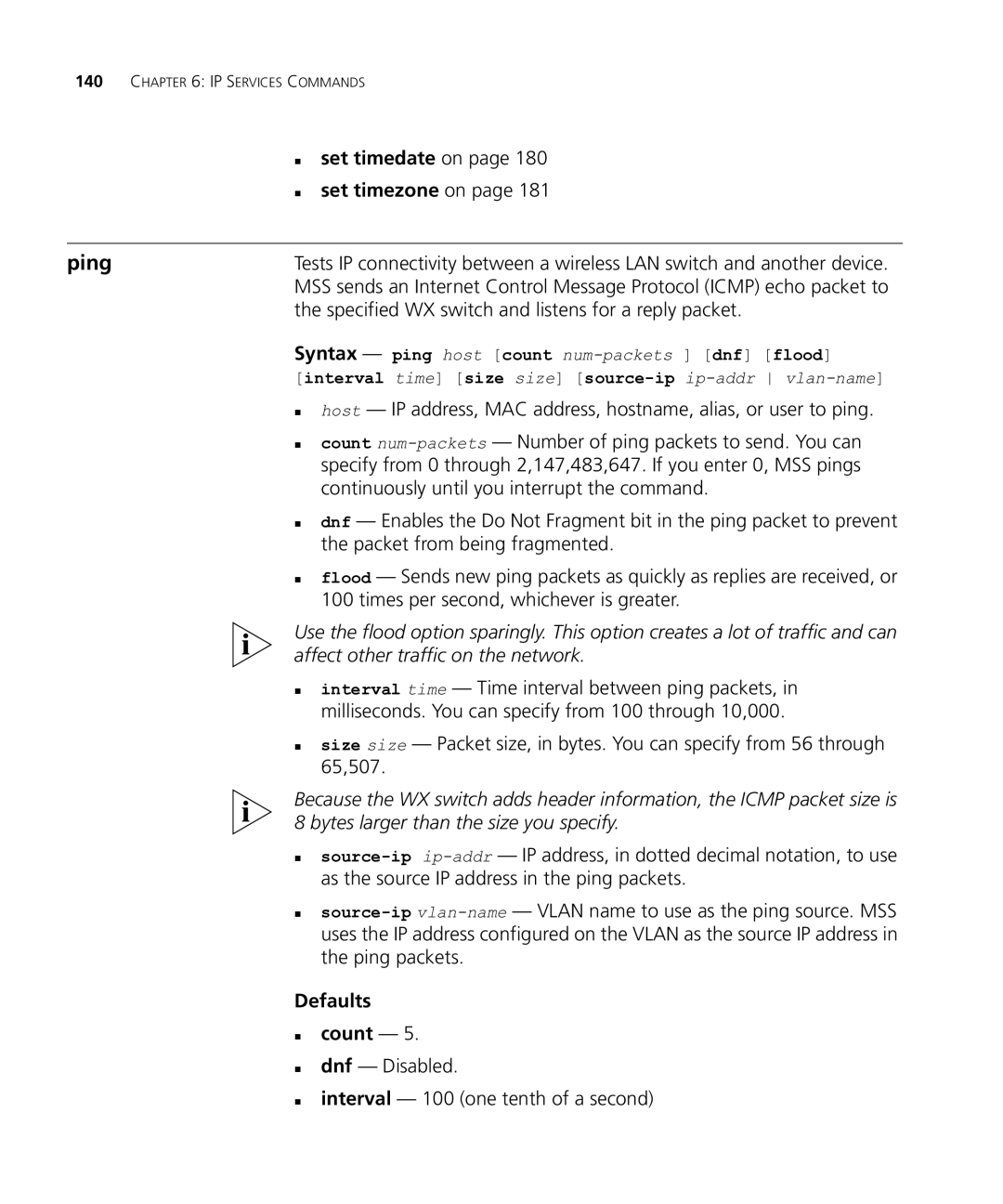 HP Manager Software manual „ set timedate on „ set timezone on, Defaults „ count 