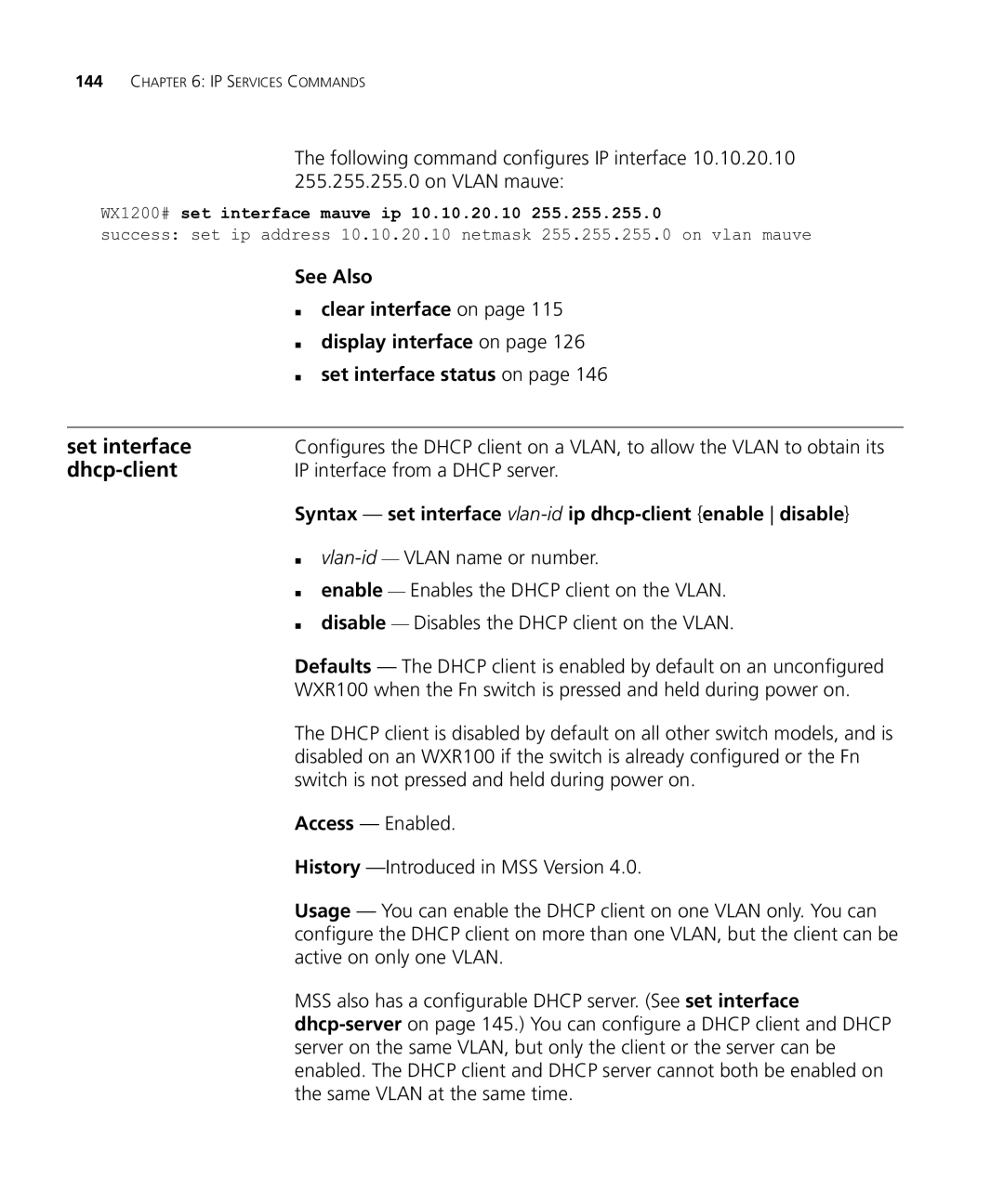 HP Manager Software manual Dhcp-client, „ clear interface on, Syntax set interface vlan-idip dhcp-client enable disable 