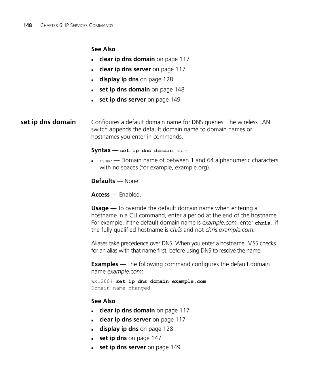 HP Manager Software manual Syntax set ip dns domain name, WX1200# set ip dns domain example.com 