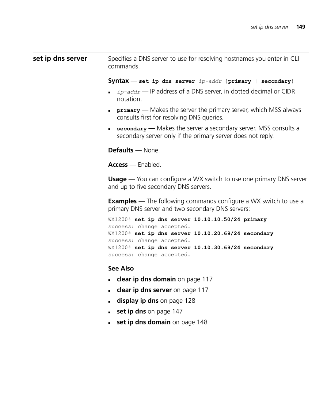 HP Manager Software manual Syntax set ip dns server ip-addrprimary secondary 