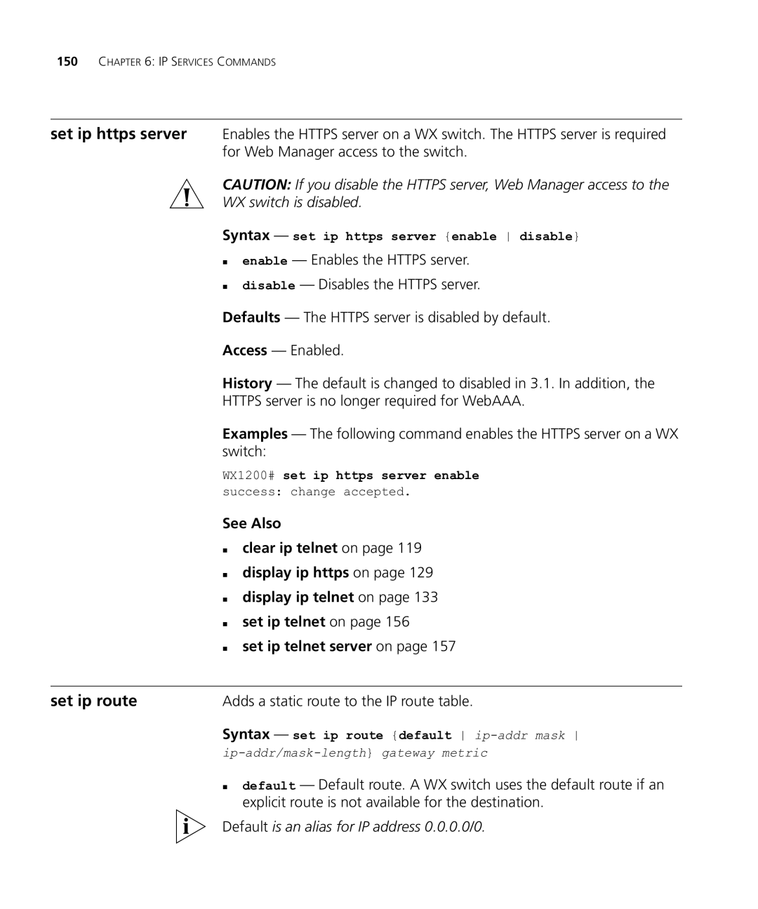 HP Manager Software manual Set ip route, WX switch is disabled, Adds a static route to the IP route table 