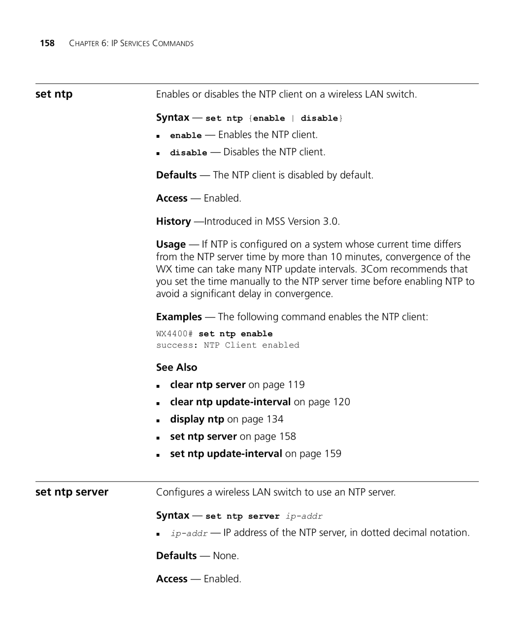 HP Manager Software manual Set ntp server, Enables or disables the NTP client on a wireless LAN switch 