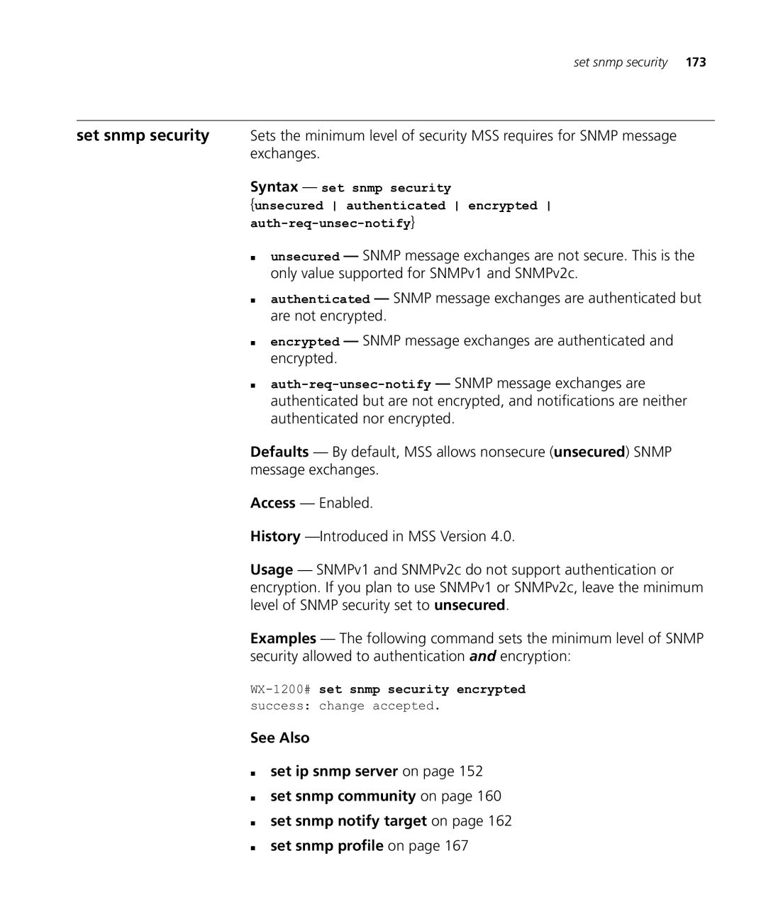 HP Manager Software manual WX-1200# set snmp security encrypted success change accepted 