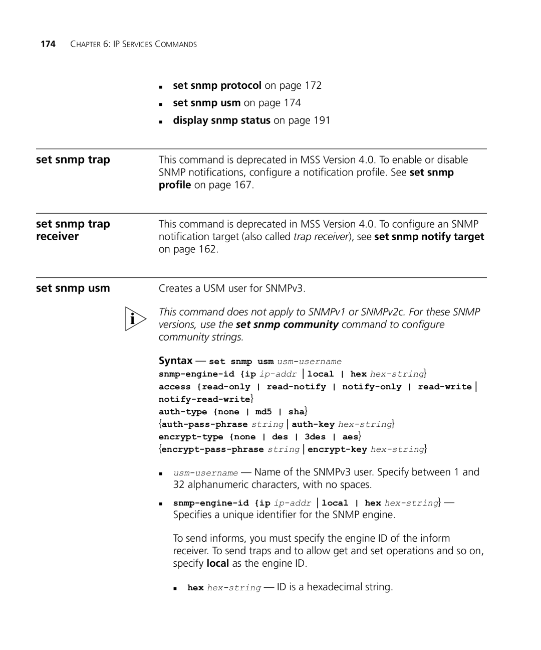 HP Manager Software manual Set snmp trap, Set snmp usm, Versions, use the set snmp community command to configure 