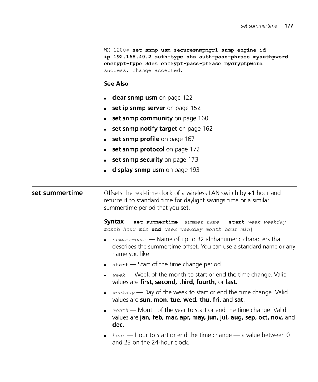 HP Manager Software manual WX-1200# set snmp usm securesnmpmgr1 snmp-engine-id, Auth-type sha auth-pass-phrase myauthpword 