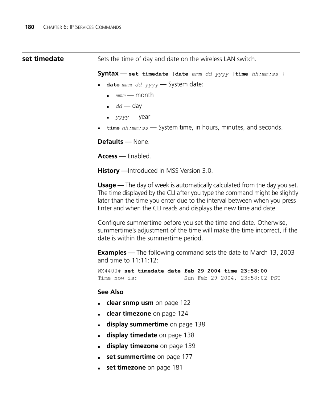 HP Manager Software manual Set timedate, Sets the time of day and date on the wireless LAN switch 