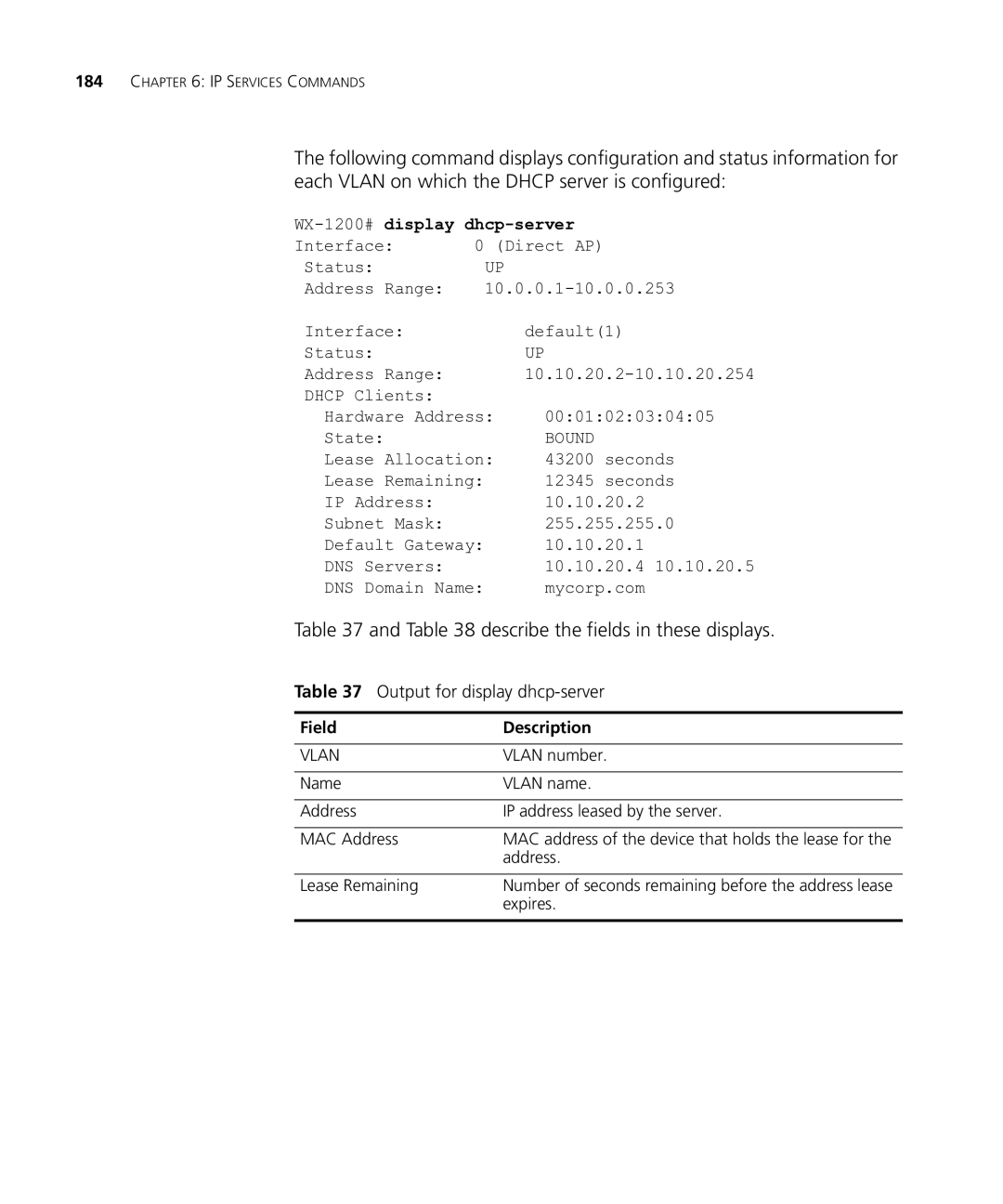 HP Manager Software manual Describe the fields in these displays, Output for display dhcp-server, Display dhcp-server 