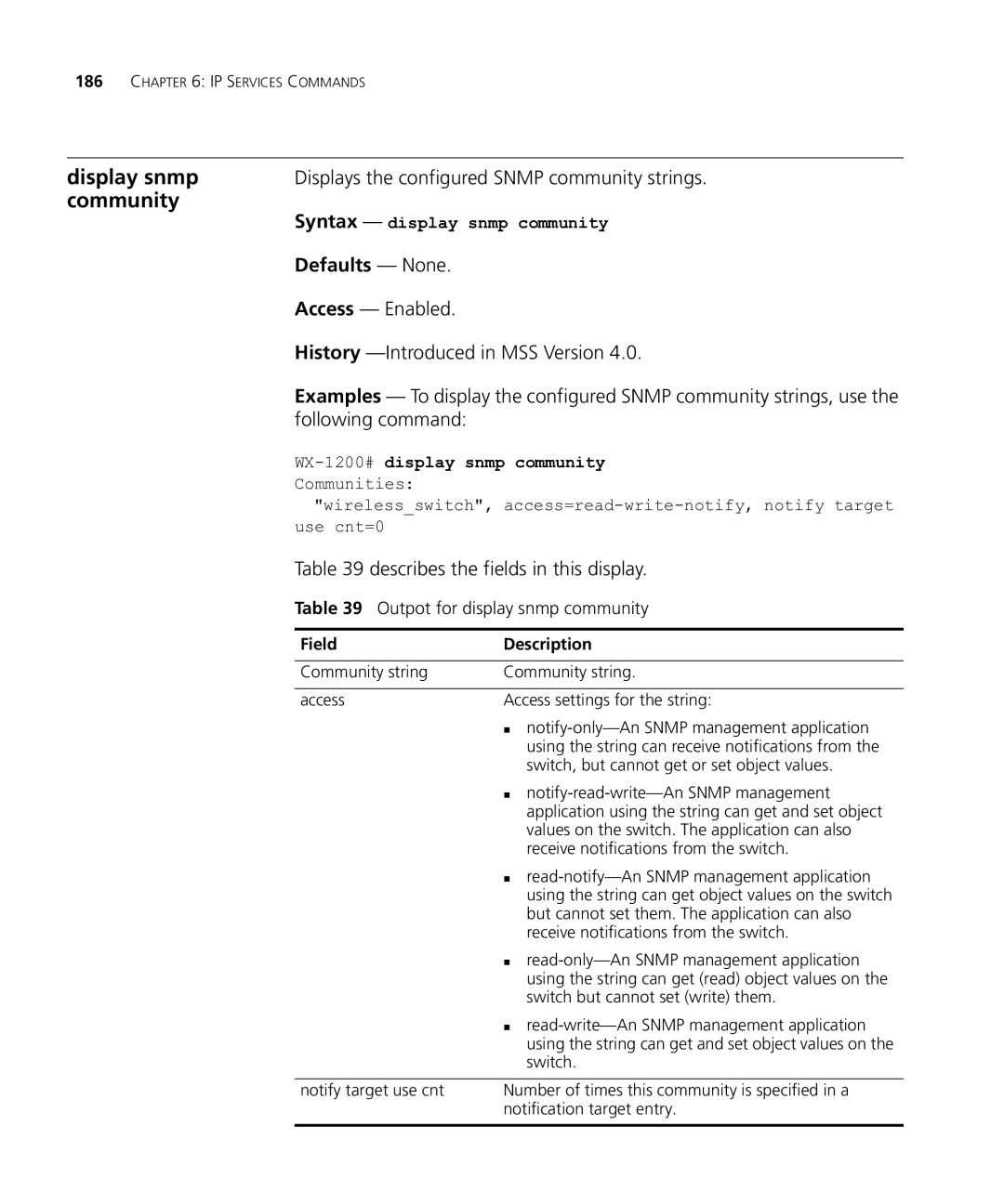 HP Manager Software manual Displays the configured Snmp community strings, Outpot for display snmp community 