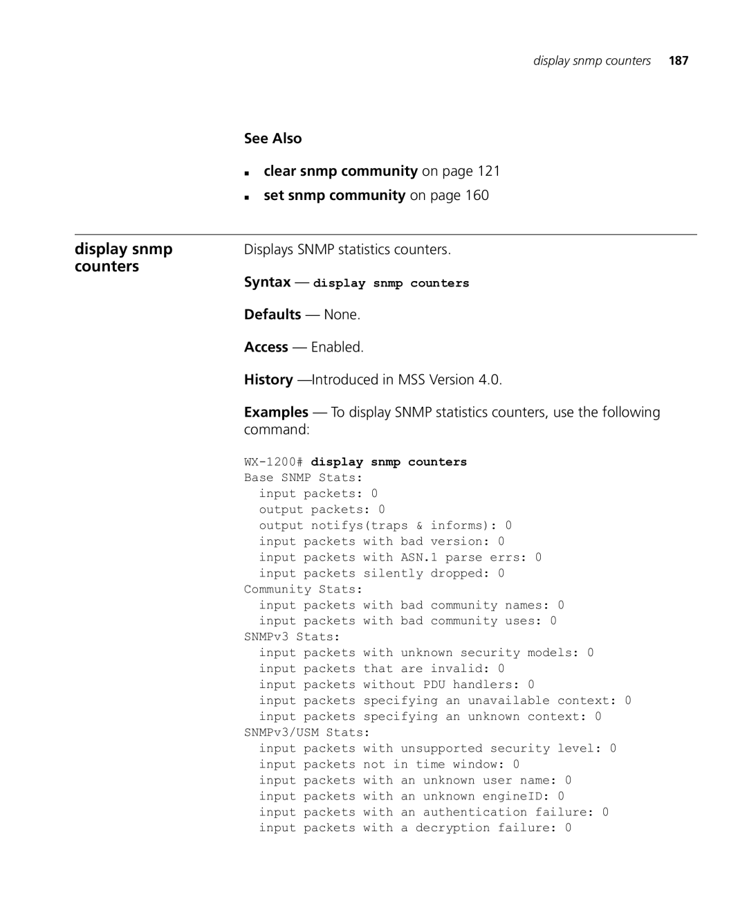 HP Manager Software manual Displays Snmp statistics counters, Syntax display snmp counters, WX-1200#display snmp counters 