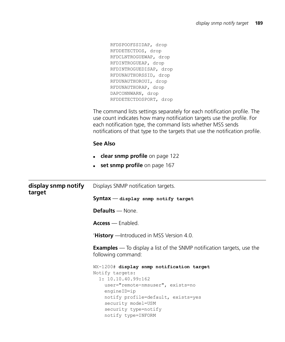 HP Manager Software manual See Also „ clear snmp profile on „ set snmp profile on, Syntax display snmp notify target 