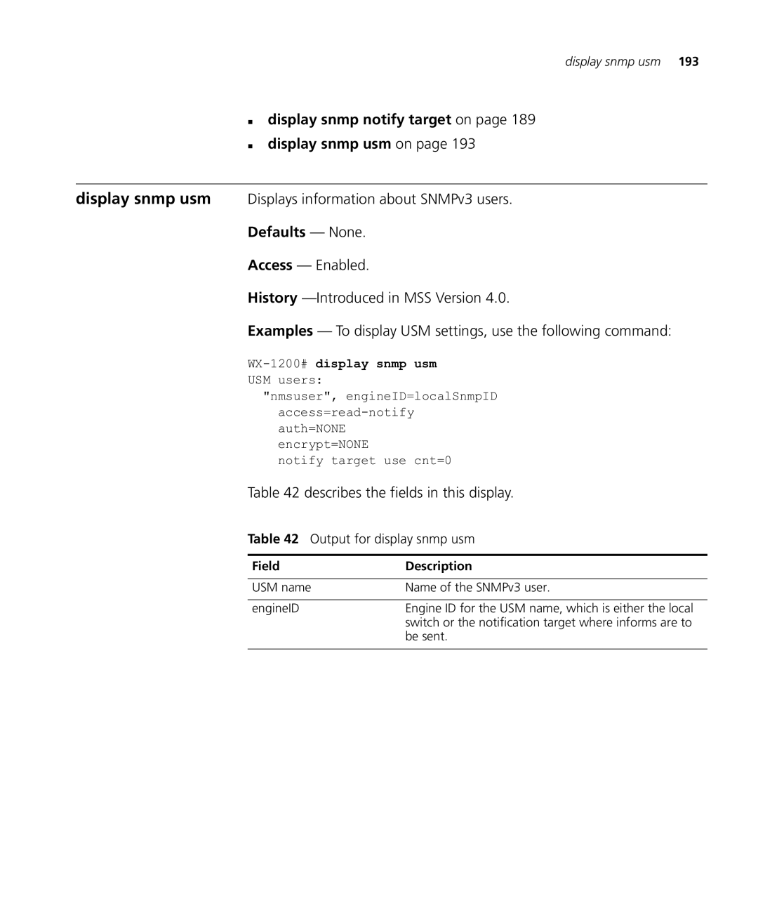 HP Manager Software manual „ display snmp notify target on „ display snmp usm on, Output for display snmp usm 