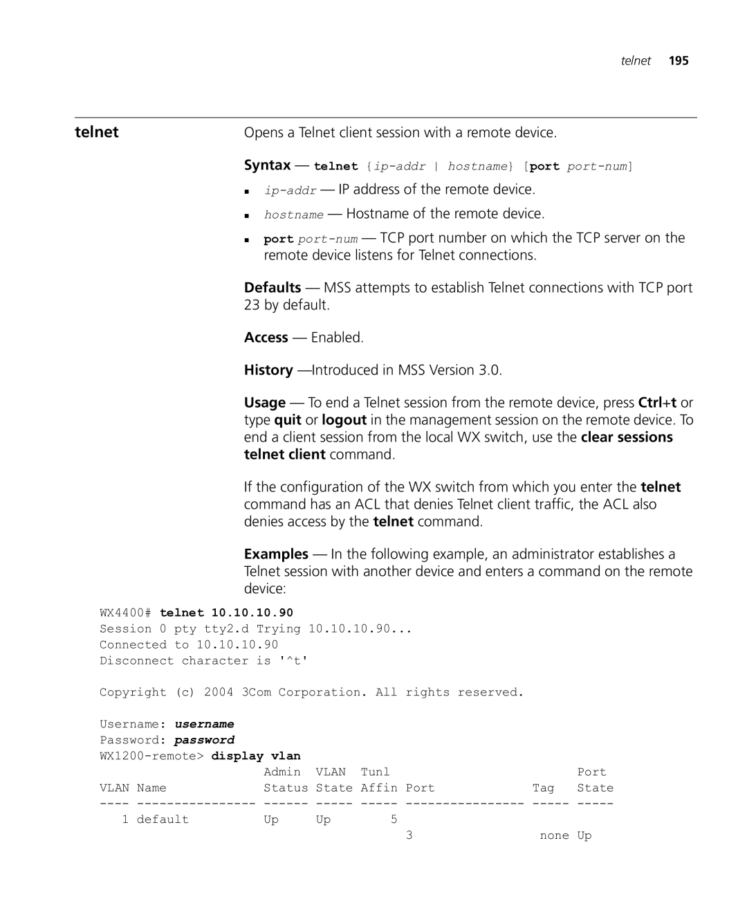 HP Manager Software manual Opens a Telnet client session with a remote device, WX4400# telnet 