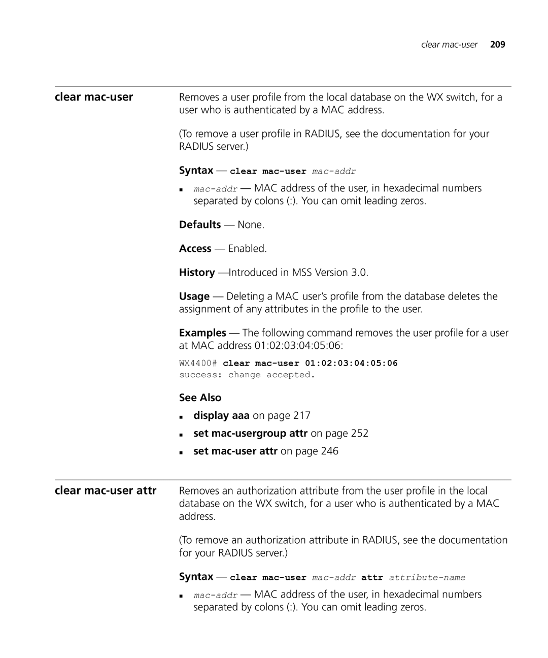 HP Manager Software manual Clear mac-user, User who is authenticated by a MAC address, Radius server 